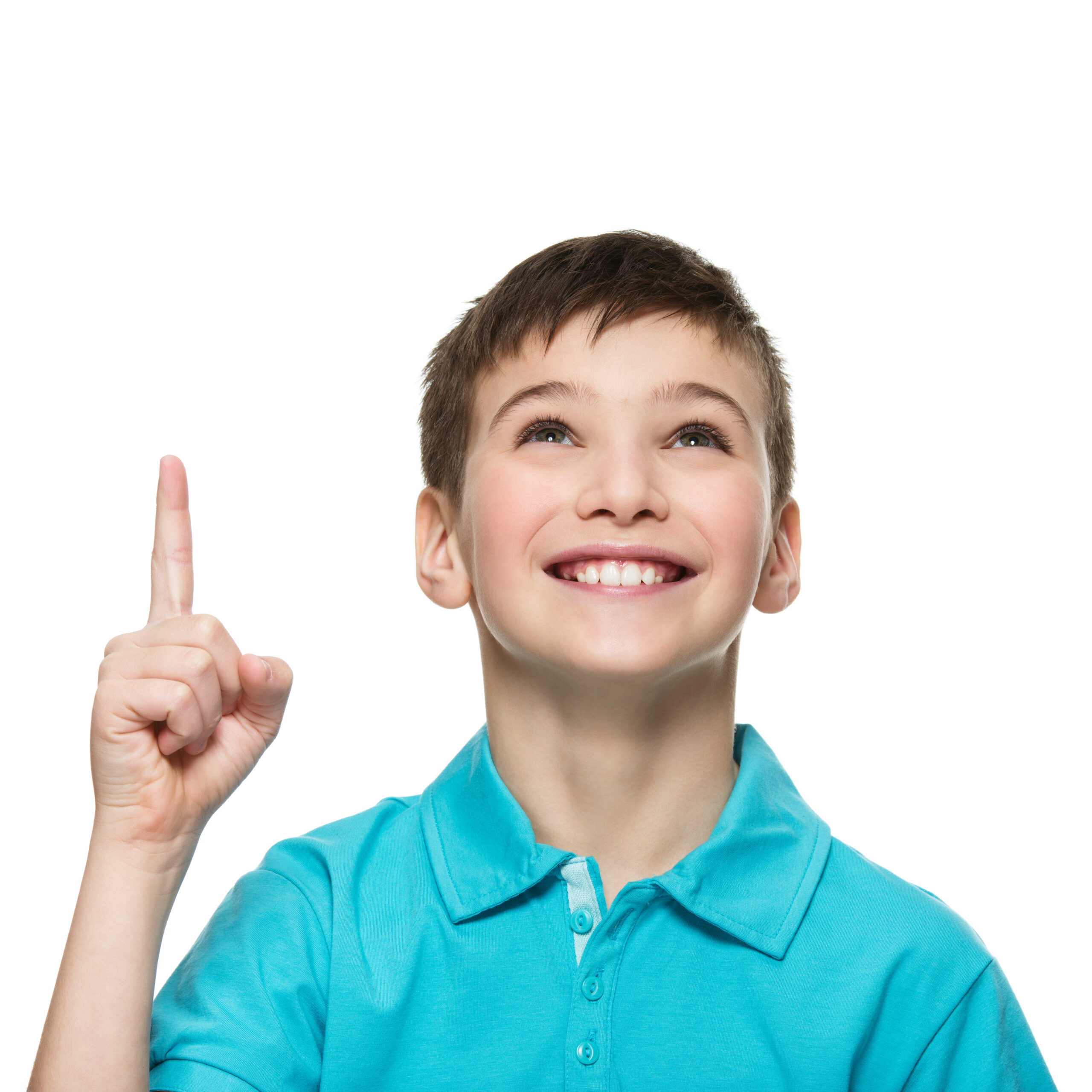 Portrait of cheerful teen boy with good idea -  isolated over white background